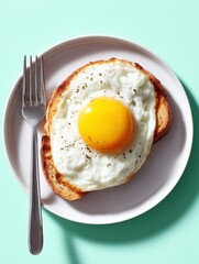 Delicious egg on toast served on a white plate with a fork against a light background
