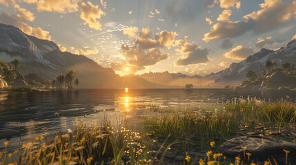 A tranquil lakeside view at sunset, with golden sunlight streaming through scattered clouds and casting a warm glow on the still waters, surrounded by rugged mountains.