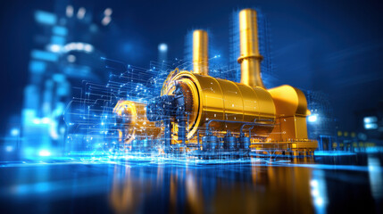 Futuristic power plant infrastructure with glowing digital schematic overlay, showing advanced technology, energy generation, and modern industrial design in vibrant blue and gold color scheme