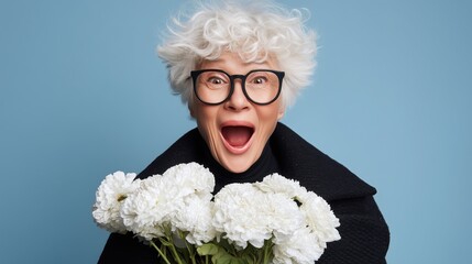 Excited older woman with white hair holds flowers against a blue backdrop