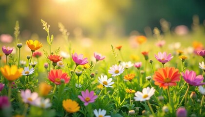 Fototapeta premium A vibrant spring meadow bursting with wildflowers, sunlight illuminating delicate petals and swaying grasses, conveying a feeling of joy and freedom , cheerful, ecology, meadow