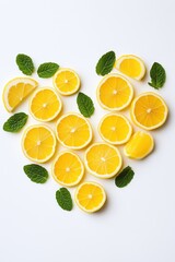 Lemons and mint arranged in a heart shape on a clean white surface for cheerful decoration
