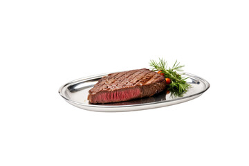 A perfectly grilled steak, medium-rare, served on a silver platter with rosemary. background removed