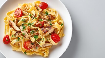 Delicious fettuccine with chicken and cherry tomatoes on a white plate
