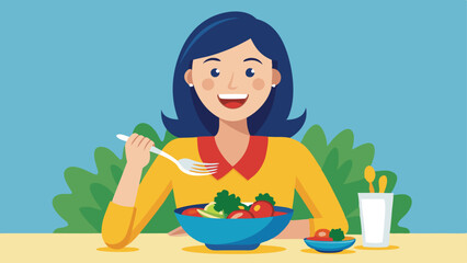 Cartoon Woman Enjoying a Healthy Salad with Fork on a Blue Background