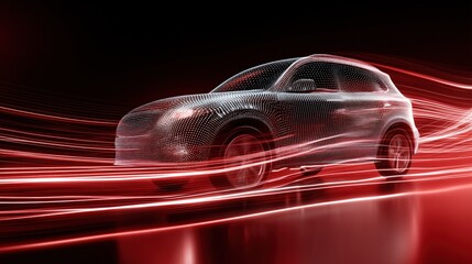 SUV car with smooth body design illuminated by dynamic lights in a modern setting at dusk