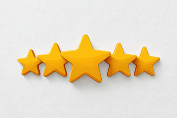Five yellow stars rating icon, flat design, isolated on white textured background, symbolizing high quality, excellence, and positive feedback in cheerful style