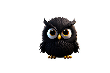 Adorable black cartoon owl with big eyes, fluffy feathers, and golden feet. background removed