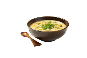 Creamy egg drop soup in a wooden bowl garnished with scallions, sesame seeds. background removed