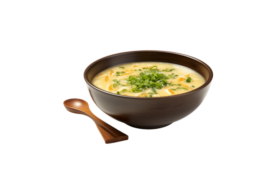 Creamy egg drop soup in a wooden bowl garnished with scallions, sesame seeds. background removed