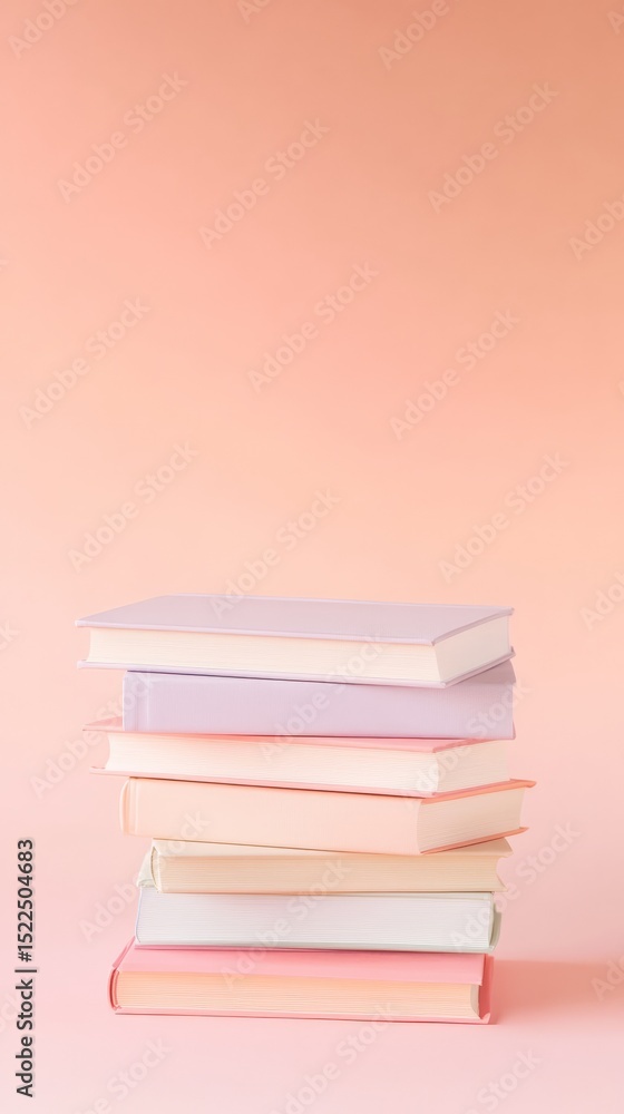 Poster pastel colored books stacked high on a pink background creating a visually appealing arrangement per