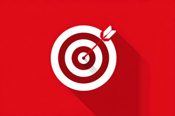White target icon with red dart hitting center, symbolizing accuracy, focus, and achievement, on vibrant red background with long shadow effect