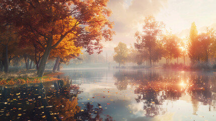 A tranquil lakeside view surrounded by autumn trees in full golden and crimson hues, their reflections shimmering in the calm water under a soft morning mist.