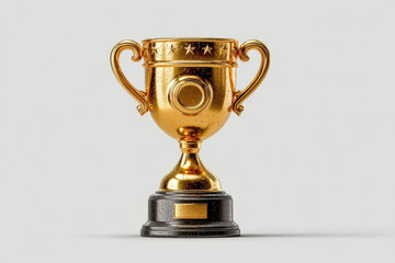 Golden trophy icon with ornate handles, three stars, and black base, isolated on clean white background, symbolizing achievement and success