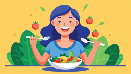 Woman With Blue Hair Eating a Colorful Salad with Spoons Illustration