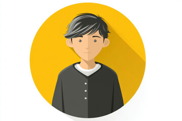 Young man avatar with black hair, wearing dark shirt, flat style, isolated on yellow circle background, modern and simple design, neutral expression
