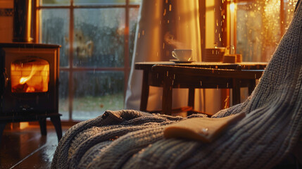 A tranquil living room scene with a cup of tea on a coffee table, raindrops racing down the window, and a soft blanket draped over a chair beside the warm fireplace.