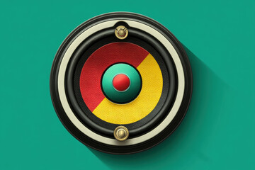 Speaker icon with clean flat design simple shape and high fidelity detail featuring colorful circular pattern in red yellow green and black on teal background