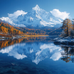 Obraz premium Mountain range reflected in lake with autumn foliage.