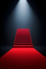 Red carpet staircase illuminated by spotlight in dark dramatic setting