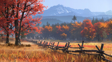 A vast autumn meadow with patches of fiery red and orange trees, a rustic wooden fence running along the edge, and distant mountains under a clear sky.