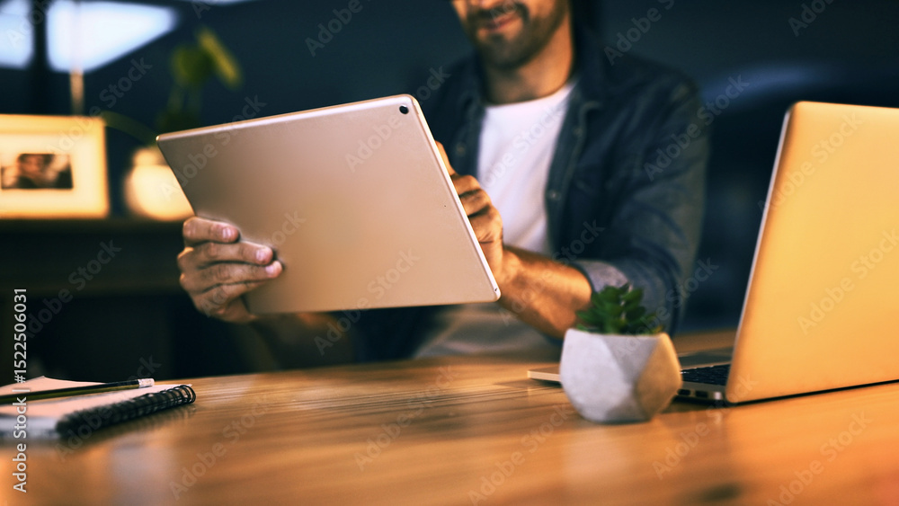 Poster tablet, hands and businessman at night for graphic designer career with design software at desk. mal