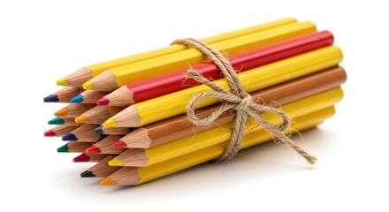 Obraz premium Bundle Of Yellow Pencils Tied Together With Twine On A White Background