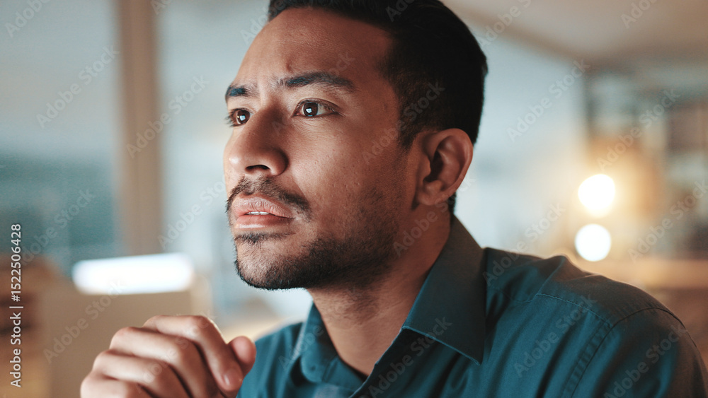 Aufkleber Face, reading and thinking with business man in office at night for development. planning or research. Information, problem solving and report with employee at work on computer for decision process