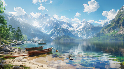 A vast, clear mountain lake with a sandy shoreline, small wooden boats docked by the edge, and snow-capped peaks towering in the distance under a bright sky.