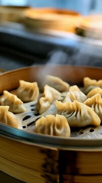 Mongolian buuz, steamed dumplings filled with savory meat, presented on a traditional bamboo steamer tray. This handcrafted dish reflects the unique culinary heritage of Central Asia