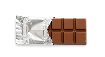 Chocolate Bar Partially Unwrapped Showing Brown Squares on White Background