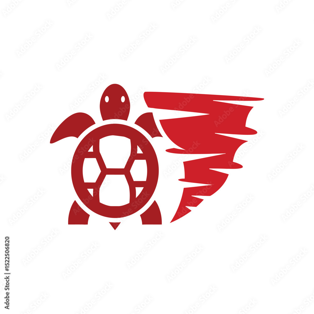 Poster stylized red turtle with geometric shell and abstract wing design
