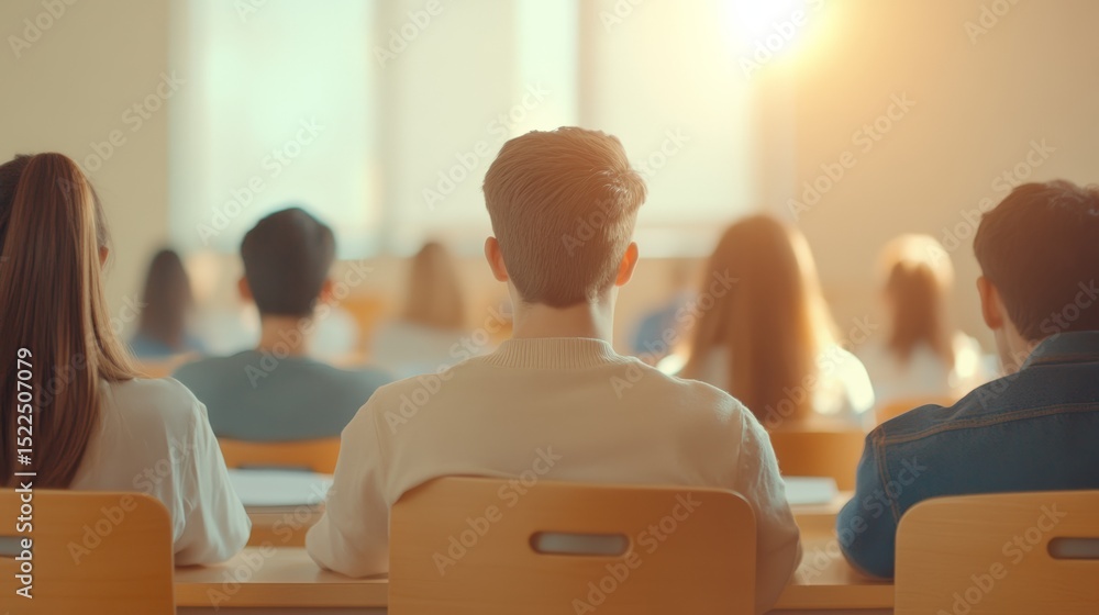 Poster group of diverse university students sitting in a classroom during a lecture, listening attentively 