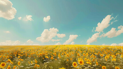 A vast meadow of blooming sunflowers stretching toward the horizon, under a radiant blue sky with fluffy white clouds.