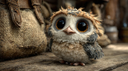 Obraz premium Cute owl with brown and white feathers standing near burlap