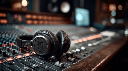 Naklejka premium Professional Headphones resting on a Sound Console in a Recording Studio