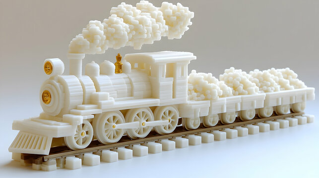 18h A luxurious Richard Trevithick's 1804 locomotive crafted entirely from ivory, with a stunning white and gold color scheme