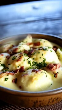 Traditional Slovakian bryndzove halusky featuring potato dumplings smothered in rich sheep's cheese and crispy bacon. This beloved comfort food dish showcases the comforting and authentic flavors