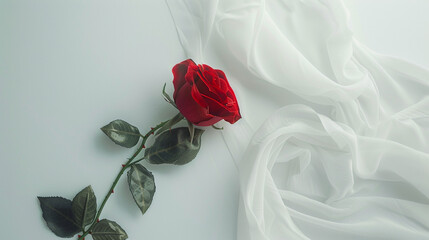 A velvety red rose paired with a fabric heart, set against a pure white background, creating a clean and minimalistic yet romantic composition.