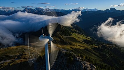 Majestic Wind Turbine Blades Spin Amidst Breathtaking Mountain Peaks and Dynamic Cloud Formations, Symbolizing Sustainable Energy and Environmental Harmony in a Serene Alpine Landscape at Golden Hour
