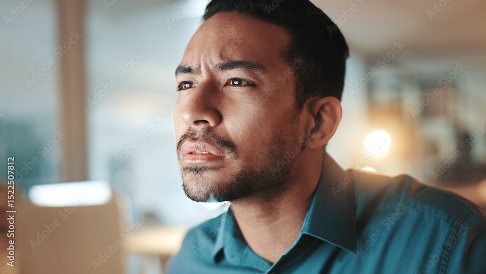 Aufkleber Confused, face and reading with business man in office at night for development, planning or research. Information, thinking and squint with employee at work on computer for evening problem solving
