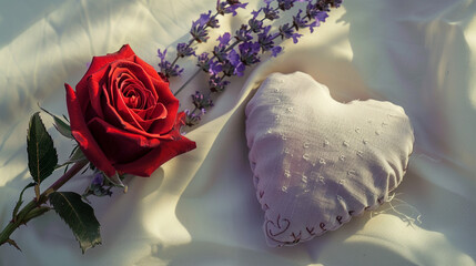 A vibrant red rose in full bloom next to a handcrafted fabric heart, set against a smooth gradient of soft lavender and cream, symbolizing love and elegance.