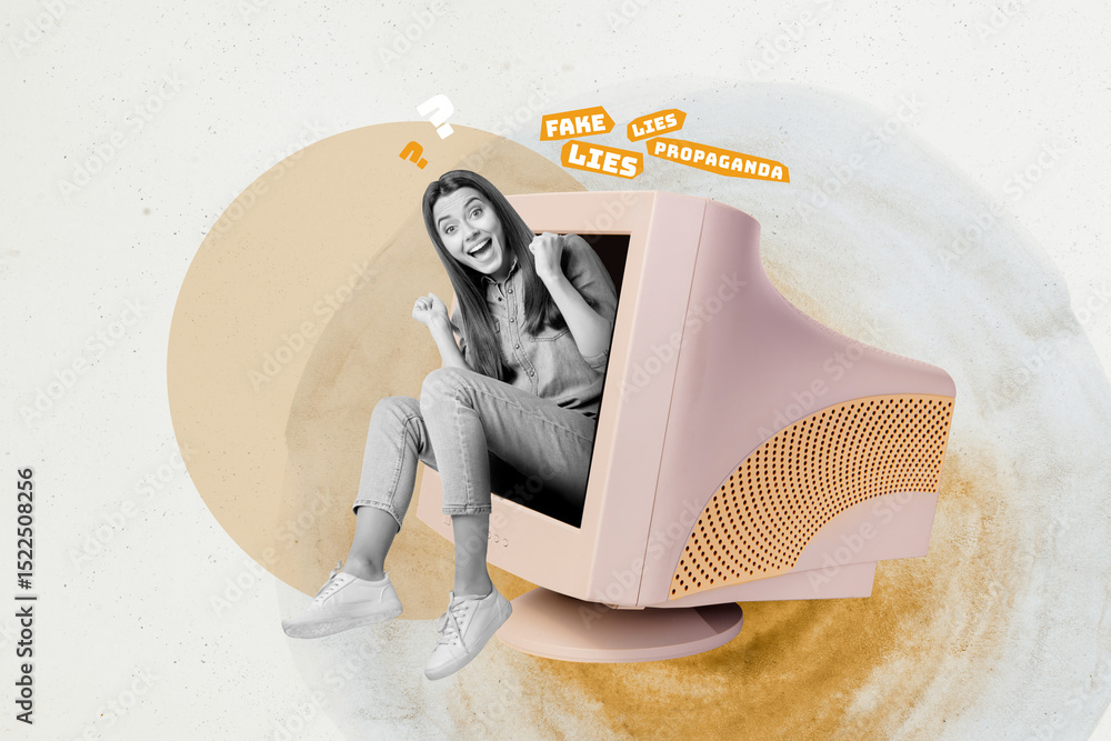 Poster pop image collage of person sit in computer display with lies on white background