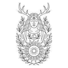 Sonnengott mit Geweih, Sonne, Mond und Pflanzen - spirituelles Ausmalbild zur Sommersonnenwende (Litha) im heidnisch-symbolischen Lineart-Stil