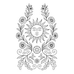 Litha-Symbol mit Sonne, Blumen und Eichenlaub. Spirituelle Vektor Ausmalvorlage zur Sommersonnenwende im Tattoo-Stil, perfekt für Mittsommer-Rituale.