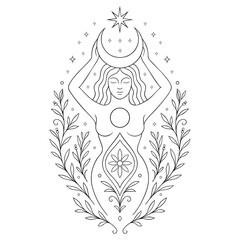 Sonnengöttin mit Halbmond, Stern und Pflanzen. Spirituelles Vektor Ausmalbild zur Sommersonnenwende (Litha) im modernen, symbolischen Lineart-Stil.