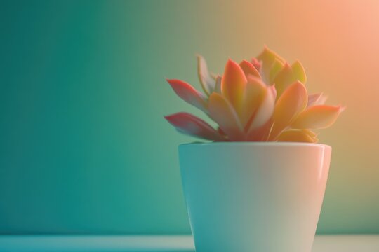 A vibrant succulent plant in a white pot, bathed in warm sunlight against a teal background. - Powered by Adobe