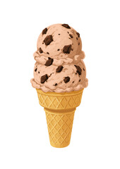 Coffee chocolate chip ice cream cone vector illustration with waffle cone and creamy scoop isolated on white background sweet frozen dessert design