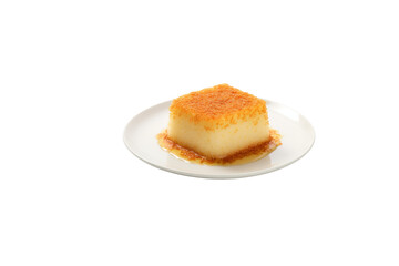 A single serving of  custard cake, golden brown and topped with a sweet syrup, sits on a white plate. background removed
