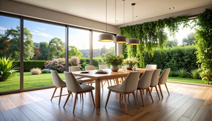 Obraz premium Modern Dining Room with Breathtaking Garden View